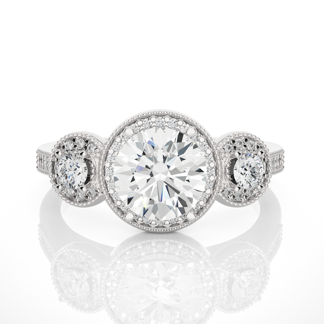 3 Carat Round Cut Three Stone Halo Moissanite Ring In Yellow Gold