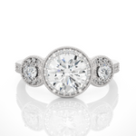 Load image into Gallery viewer, 3 Carat Round Cut Three Stone Halo Moissanite Ring In Yellow Gold
