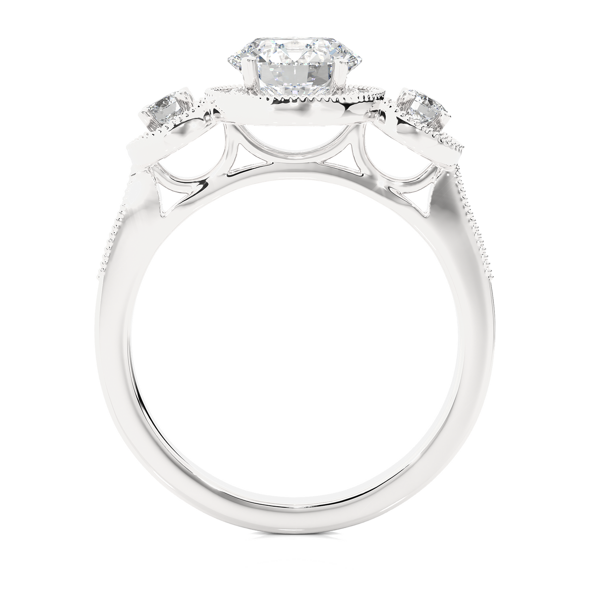 Three stone with halo setting moissanite ring silver