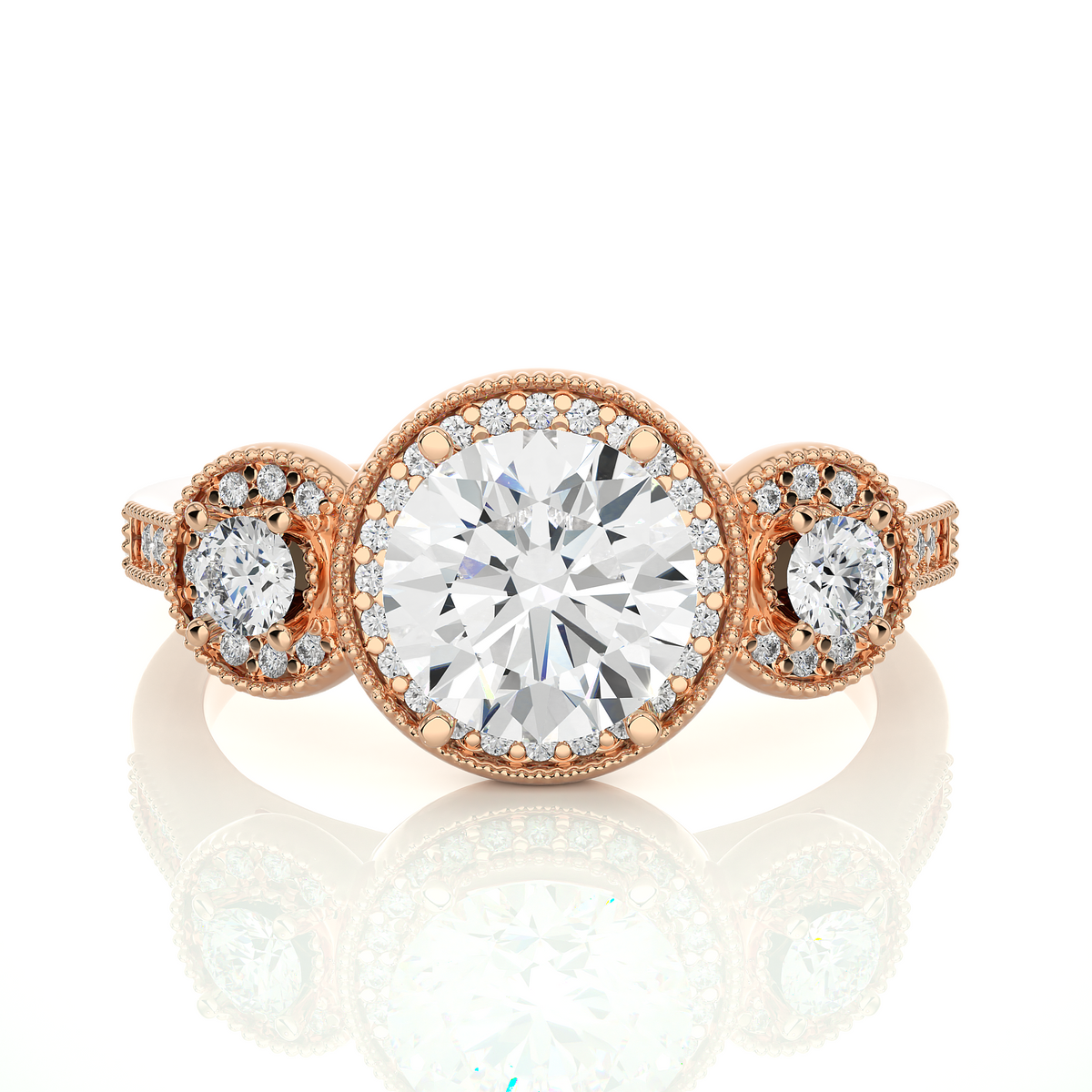 3 carat round shape three stone halo moissanite ring in rose gold