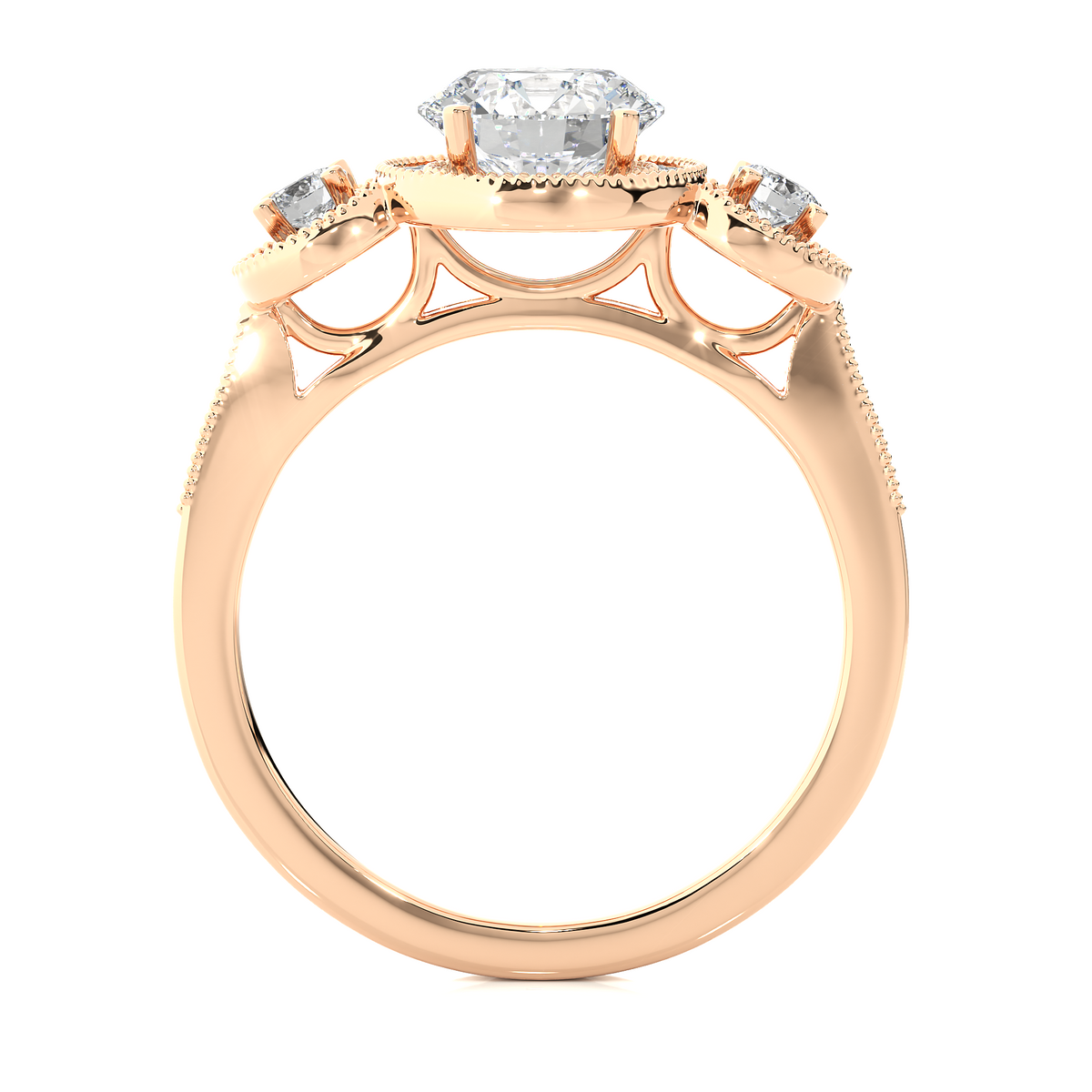Three stone with halo setting moissanite ring rose gold
