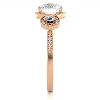 Three Stone with Halo Setting Moissanite Ring rose gold