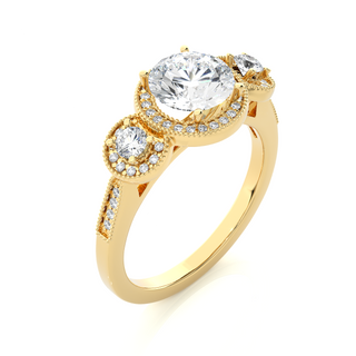 Three Stone with Halo Setting Moissanite Ring yellow gold