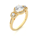 Load image into Gallery viewer, Three Stone with Halo Setting Moissanite Ring yellow gold
