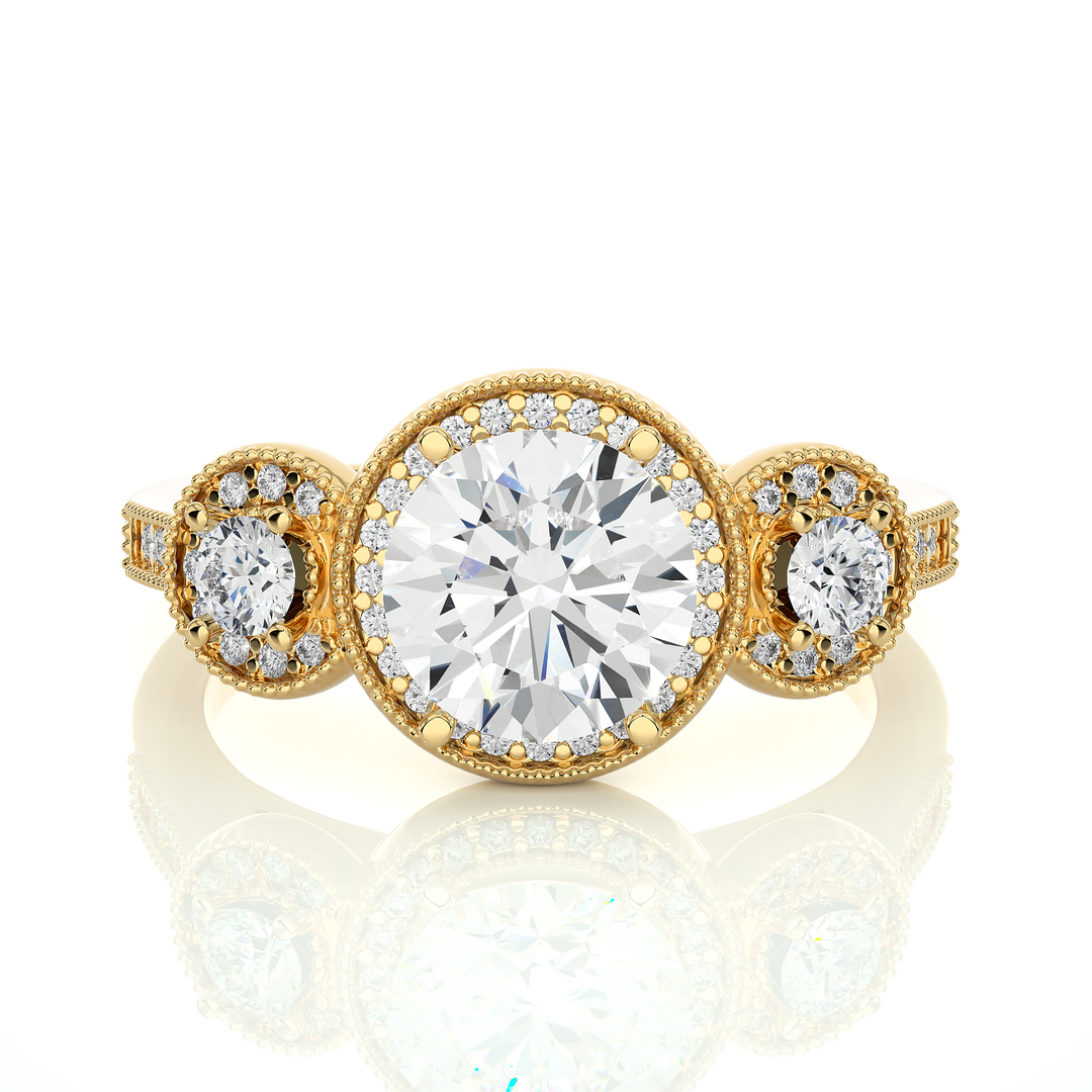 3 Carat Round Cut Three Stone Halo Moissanite Ring In Yellow Gold
