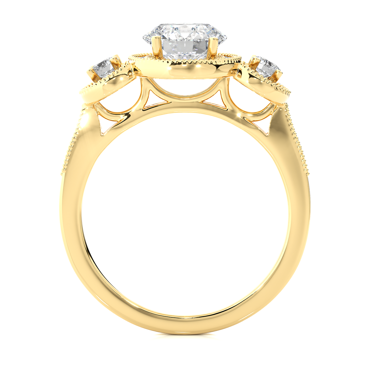 Three stone with halo setting moissanite ring yellow gold