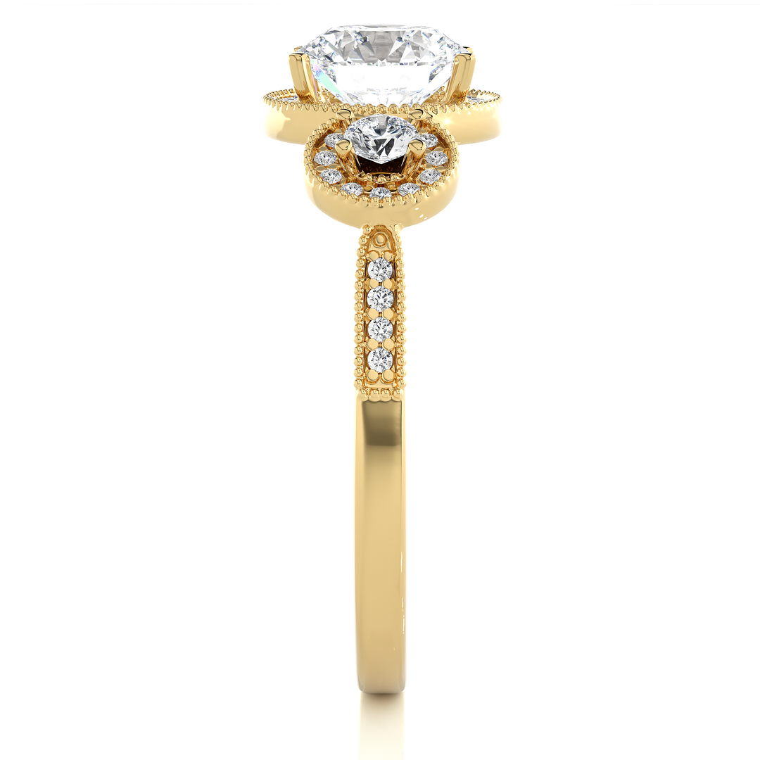 3 Carat Round Cut Three Stone Halo Moissanite Ring In Yellow Gold