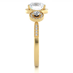 Load image into Gallery viewer, 3 Carat Round Cut Three Stone Halo Moissanite Ring In Yellow Gold
