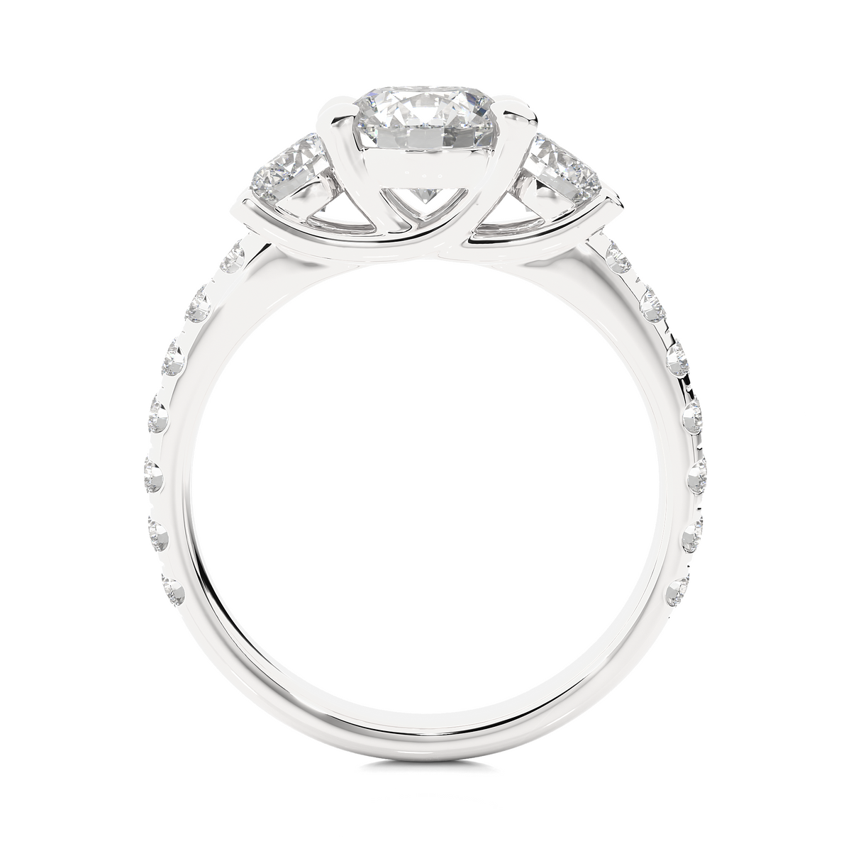 Three stone with round accent moissanite ring silver