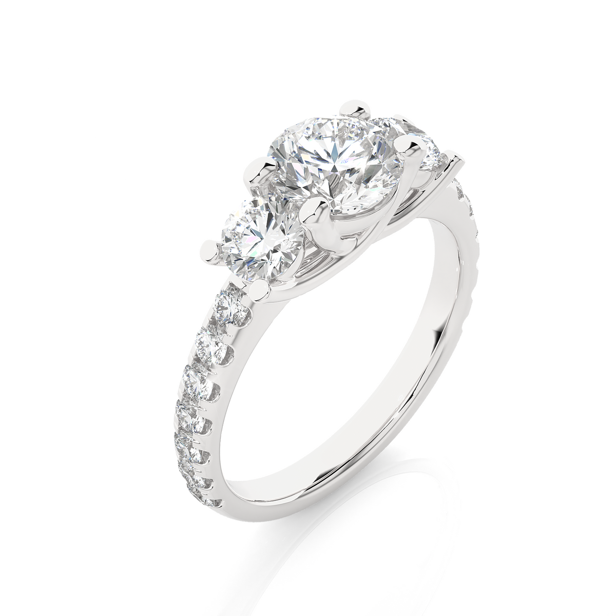 Three stone with round accent moissanite ring white gold