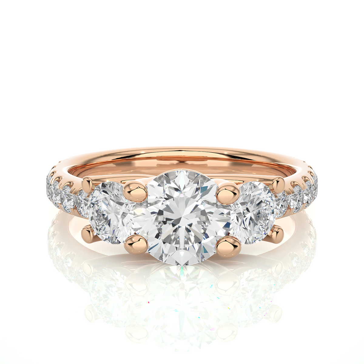 Three stone with round accent moissanite ring rose gold