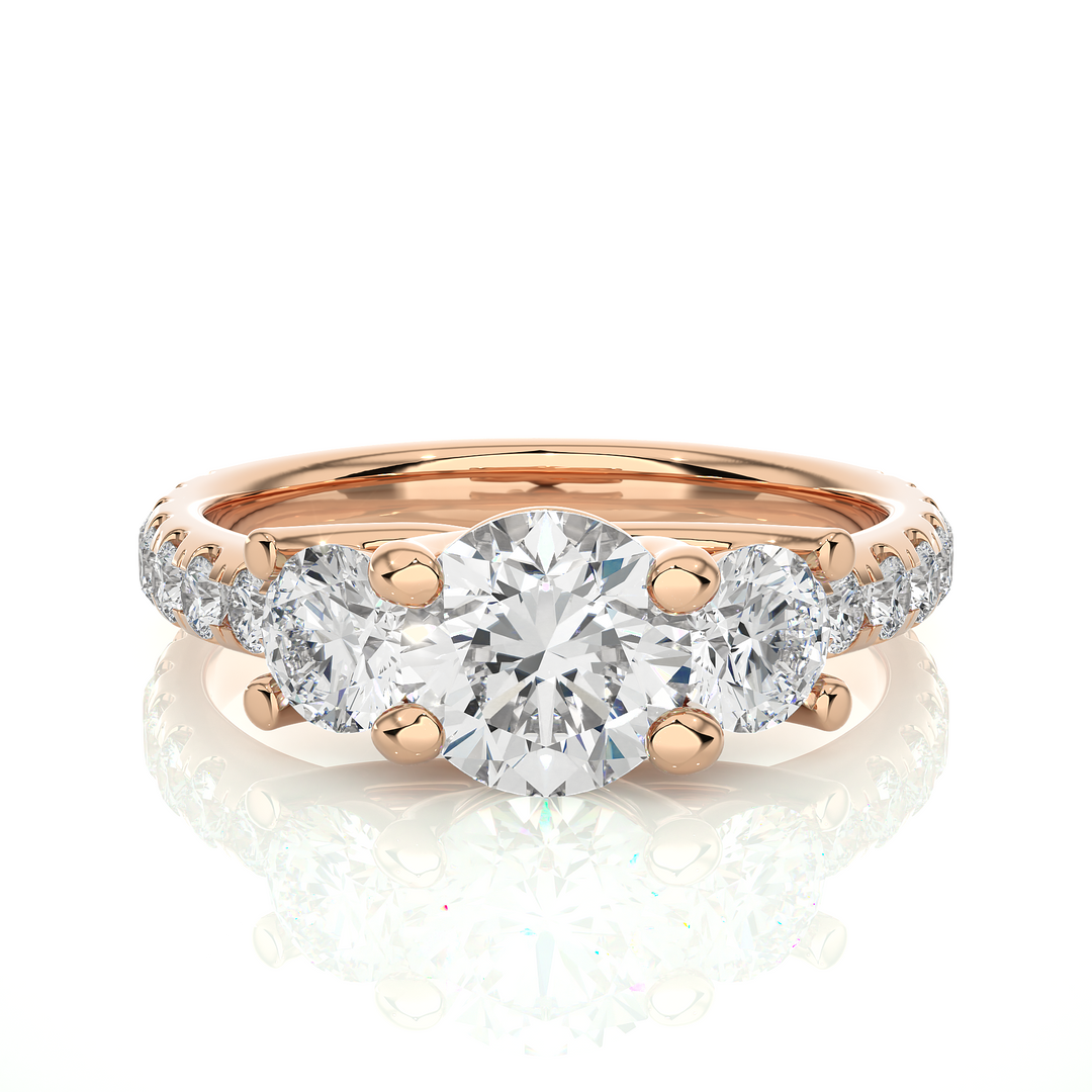 2.50 Ct Round Moissanite Three Stone Ring With Accent in Yellow Gold