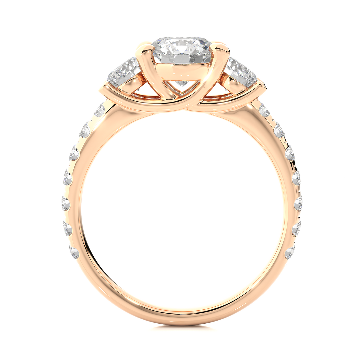 Three stone with round accent moissanite ring rose gold