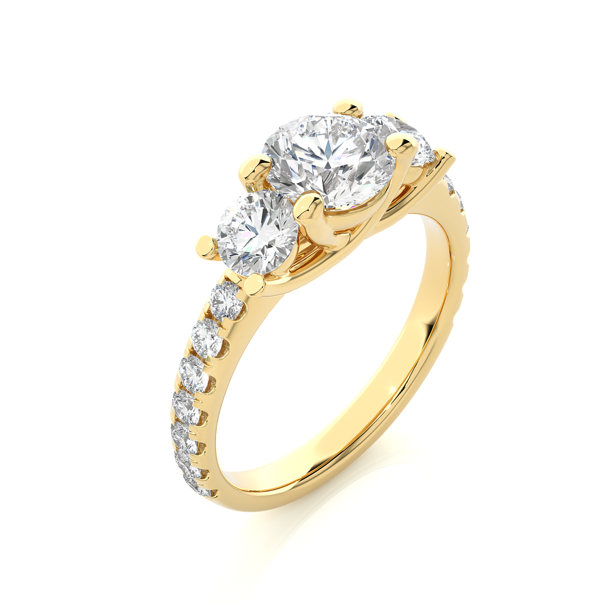 Three stone with round accent moissanite ring yellow gold
