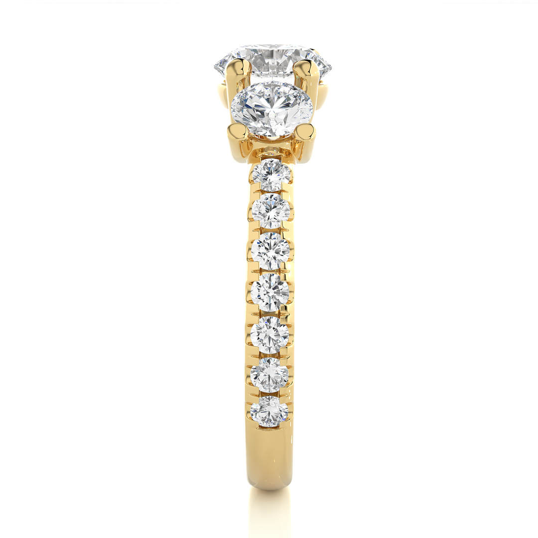 2.50 Ct Round Moissanite Three Stone Ring With Accent in Yellow Gold