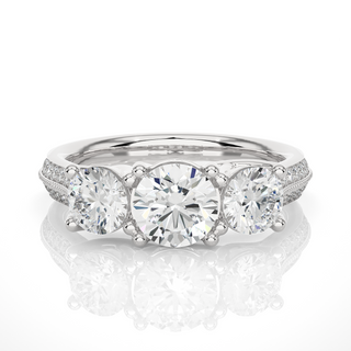Three Stone with Two Row Pave Moissanite Ring silver