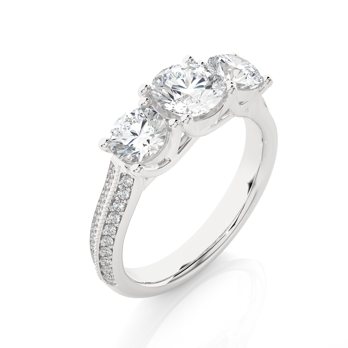 Three stone with two row pave moissanite ring white gold