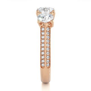 Three Stone with Two Row Pave Moissanite Ring rose gold
