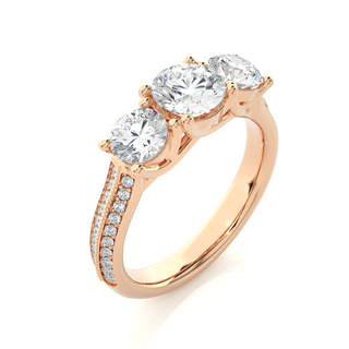Three Stone with Two Row Pave Moissanite Ring rose gold