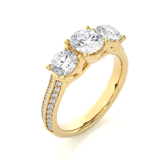 Three Stone with Two Row Pave Moissanite Ring yellow gold