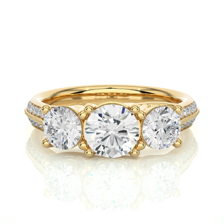 2.5 Carat Three Stone With Two Row Pave Moissanite Ring in Rose Gold