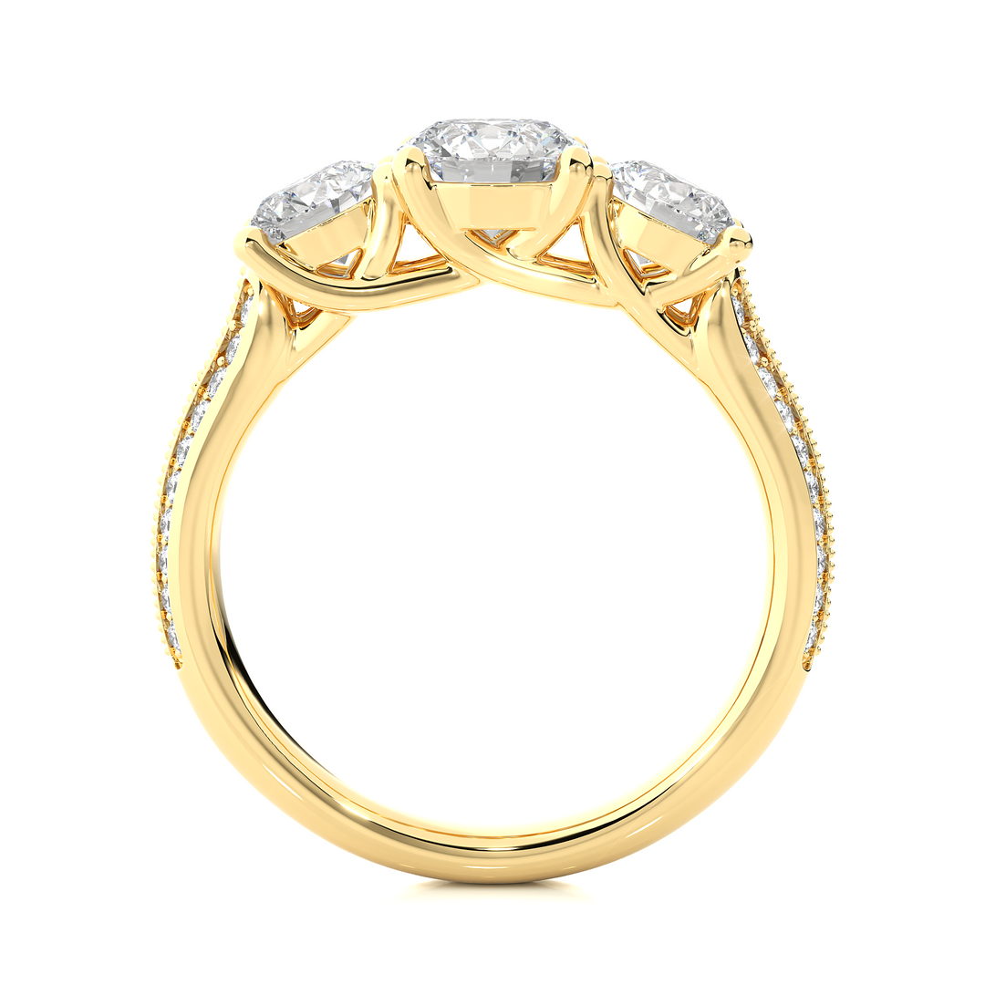 Three Stone with Two Row Pave Moissanite Ring yellow gold