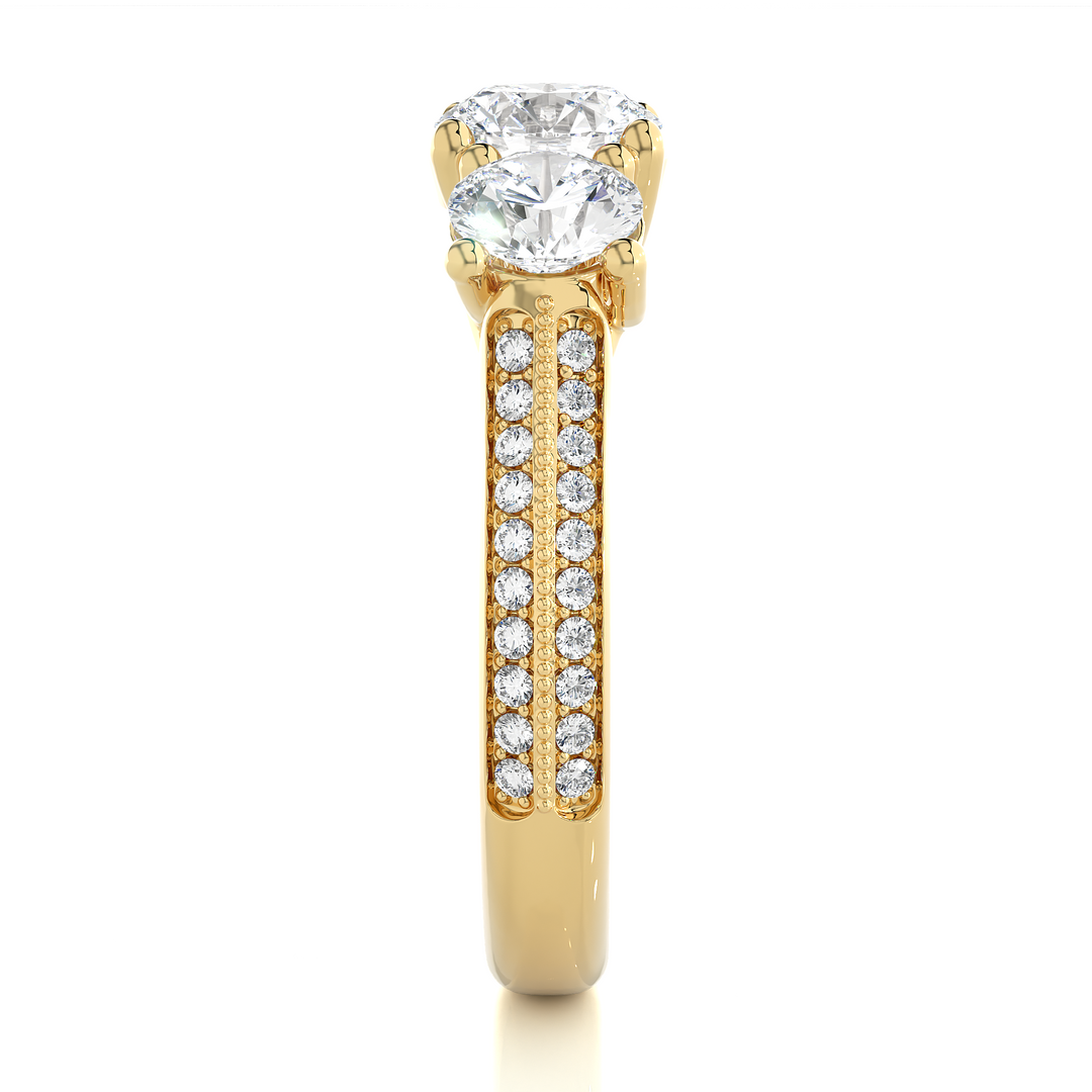 Three Stone with Two Row Pave Moissanite Ring yellow gold