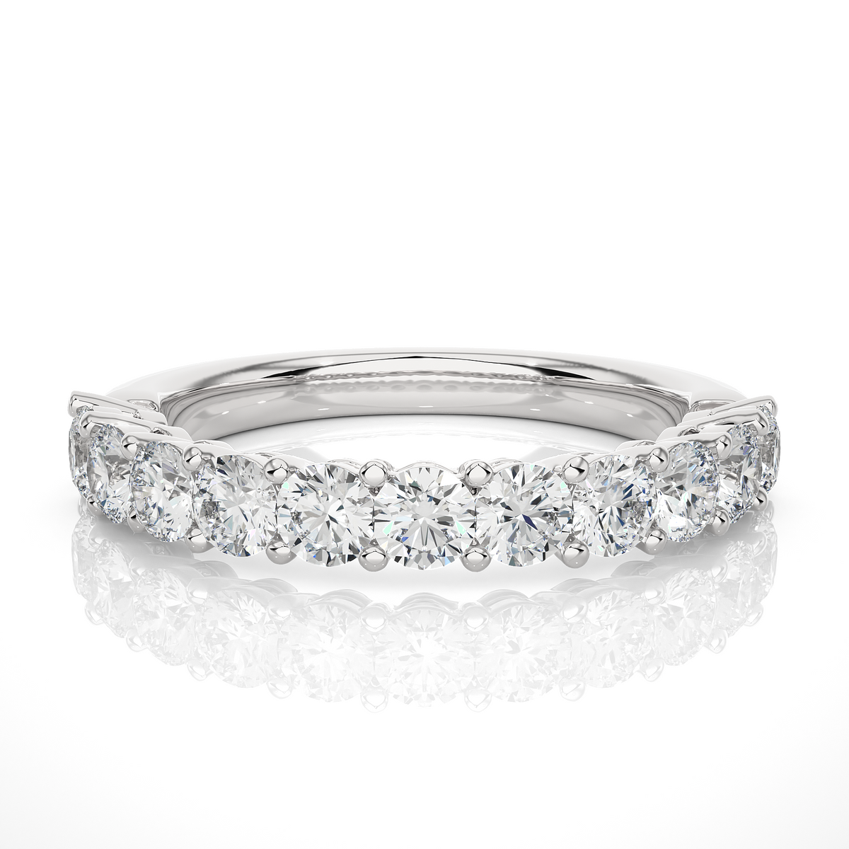 1 carat round moissanite traditional shank half eternity band in silver