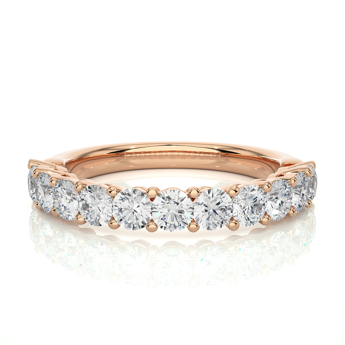 1 carat round moissanite traditional shank half eternity band in rose gold