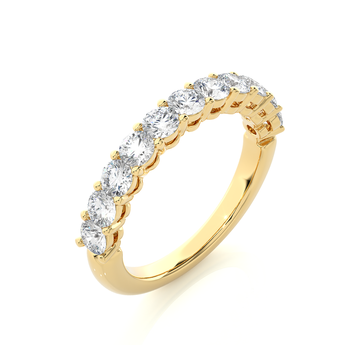 1 carat round moissanite traditional shank half eternity band in yellow gold