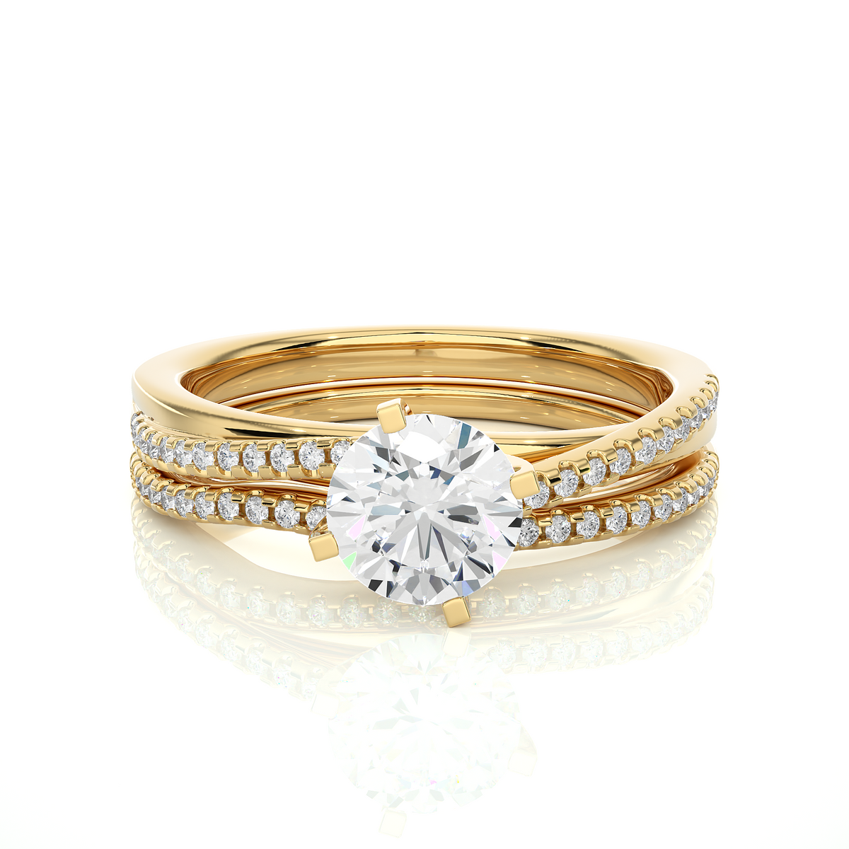Two row solitaire moissanite wedding ring yellow gold