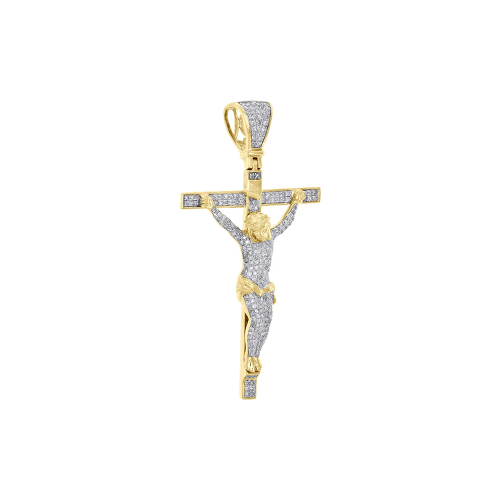 3 Carat Round Shape Moissanite Jesus Cross Pendant in Yellow Gold
