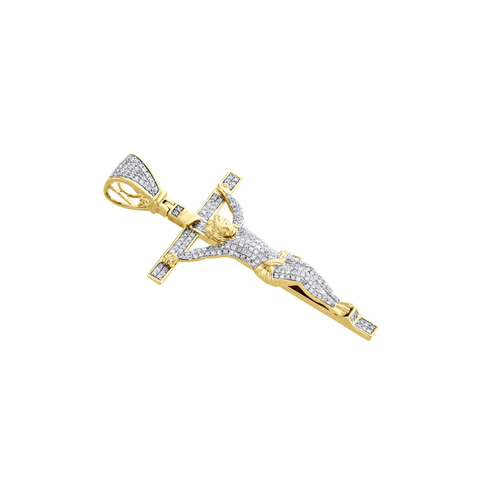 3 Carat Round Shape Moissanite Jesus Cross Pendant in Yellow Gold