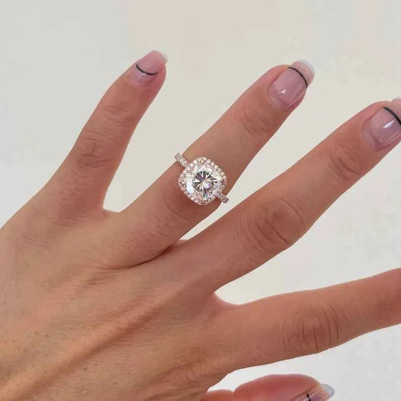 2.80 Carat Cushion Cut Moissanite Halo Engagement Ring In White Gold