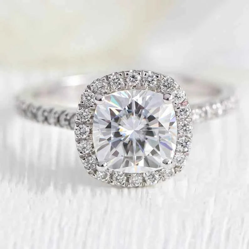 2.80 Carat Cushion Cut Moissanite Halo Engagement Ring In White Gold