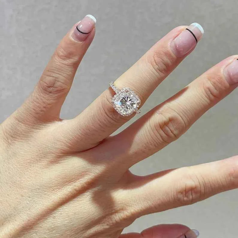 2.80 Carat Cushion Cut Moissanite Halo Engagement Ring In White Gold