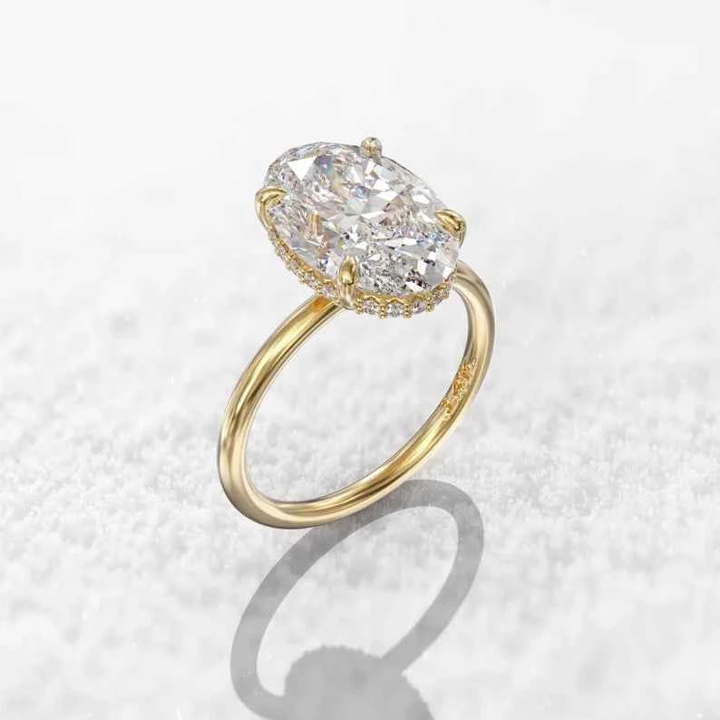 2.30 Carat Oval Cut Moissanite Hidden Halo Engagement Ring in Yellow Gold