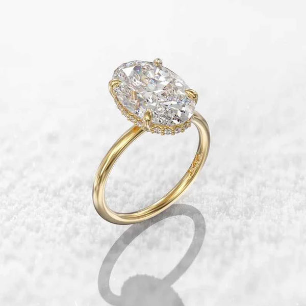 2.30 Carat Oval Cut Moissanite Hidden Halo Engagement Ring in Yellow Gold