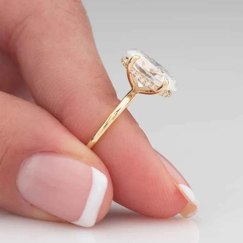 2.30 Carat Oval Cut Moissanite Hidden Halo Engagement Ring in Yellow Gold
