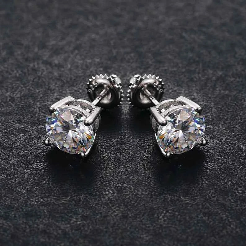 2 Ct Round Shape Push Back Moissanite Stud Earrings For Men's